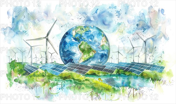 Watercolor illustration of Earth with wind turbines and solar panels, eco energy background AI generated