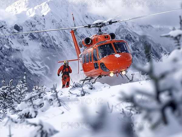 Rettungskraft im Einsatz bei winterlicher Bergrettung nahe eines Hubschraubers, Rettungshubschrauber im Einsatz, AI generiert, AI generated