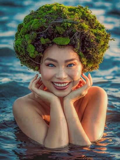 Serenely smiling Mixed-race asian young woman with a green headdress, moss growing and thriving, creating a mystical and enchanting effect, hands under chin, surrounded by water, earth day concept, AI generated