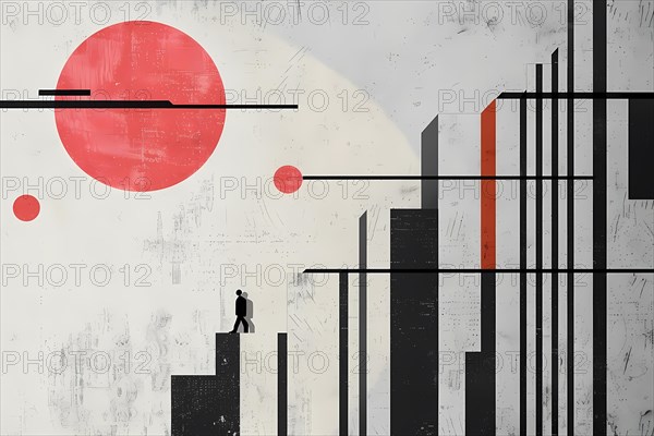 Modern abstract geometric art with a red sun, lines, and silhouette figures, illustration, AI generated