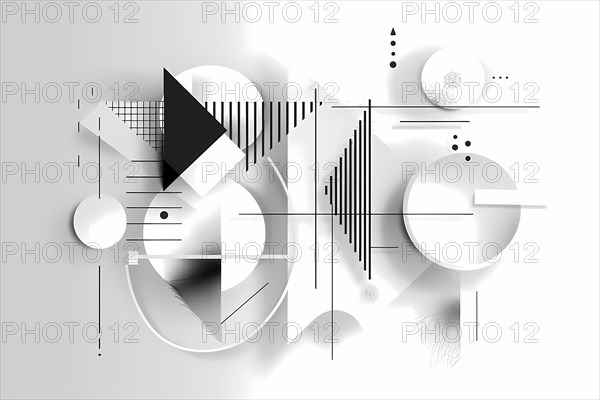 Minimalist black and white abstract composition with geometric shapes like circles and triangles, illustration, AI generated