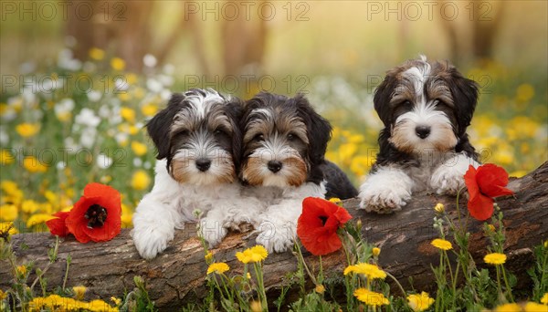 KI generated, animal, animals, mammal, mammals, one, single animal, bobtail, (Canis lupus familiaris), dog, dogs, bitch, dog breed from England, three young animals lying on a log in a meadow