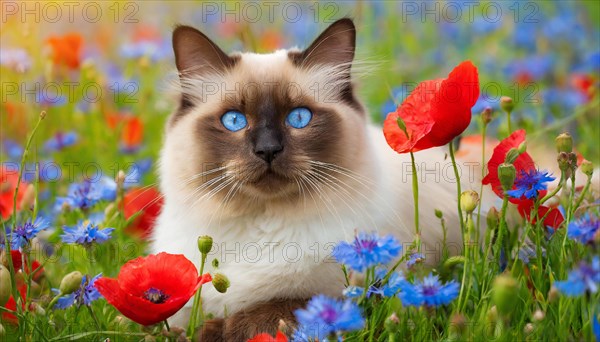 KI generated, animal, animals, mammal, mammals, cat, felidae (Felis catus), a cat lies in a meadow with cornflowers and poppies