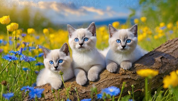 KI generated, animal, animals, mammal, mammals, cat, felidae (Felis catus), three cats resting on a tree, flower meadow