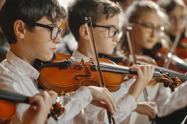 Pupils learn to make music on a violin, school orchestra, music lessons, AI generated, AI generated, AI generated