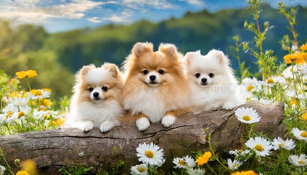 KI generated, animal, animals, mammal, mammals, dwarf spitz, Spitz, (Canis lupus familiaris), dog, dogs, bitch, Pomeranians, three puppies lying on a tree trunk, flower meadow