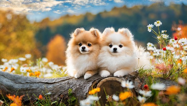 KI generated, animal, animals, mammal, mammals, one, single animal, dwarf spitz, Spitz, (Canis lupus familiaris), dog, dogs, bitch, Pomeranians, two cream-coloured puppies lying on a tree trunk, autumn, autumn leaves