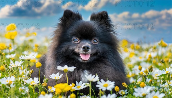 KI generated, animal, animals, mammal, mammals, one, single animal, dwarf spitz, Spitz, (Canis lupus familiaris), dog, dogs, bitch, Pomeranians, black puppy, flower meadow