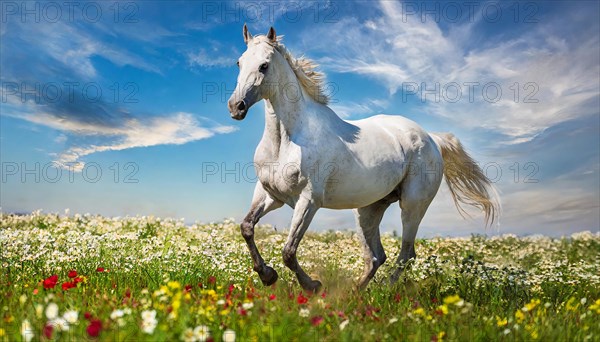 KI generated, A horse, horses, Arabian, in front of a blue sky, thoroughbred Arabian, AV, Arabian thoroughbred, (Eqqus ferus caballus), running in a meadow with colourful flowers