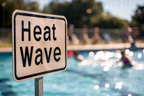 Sign with text 'Heat wave' in front of blurry public swimming pool with people. KI generiert, generiert, AI generated