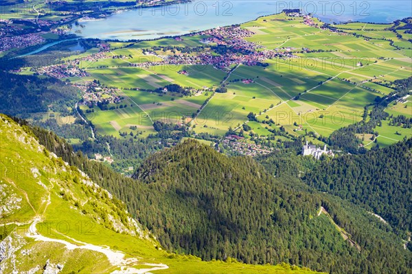 Panorama from the Saeuling, 2047m, on Fuessen, Ostallgaeu, Bavaria, Germany, Europe