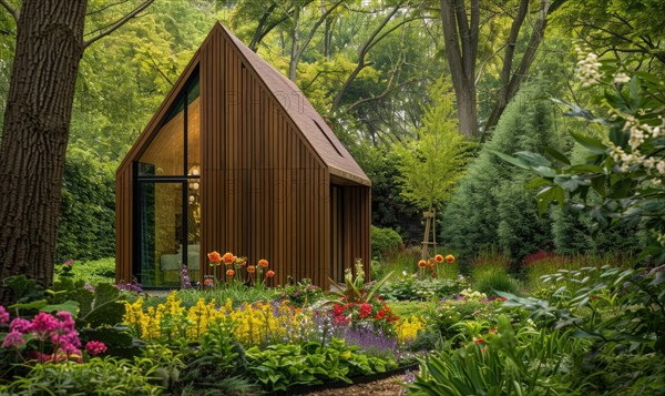 A minimalist modern wooden cabin surrounded by a variety of spring flowers and lush green foliage in a tranquil garden setting AI generated