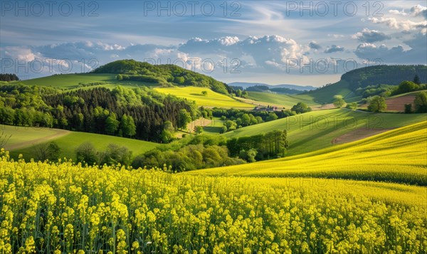 A picturesque countryside scene with rolling hills blanketed in vibrant yellow rapeseed flowers, spring nature, fields and meadows AI generated