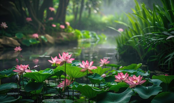 A serene pond surrounded by blooming pink lotus flowers and lush green foliage AI generated