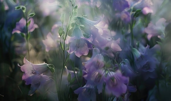 Bellflowers swaying in the breeze, closeup view, soft focus, bokeh AI generated