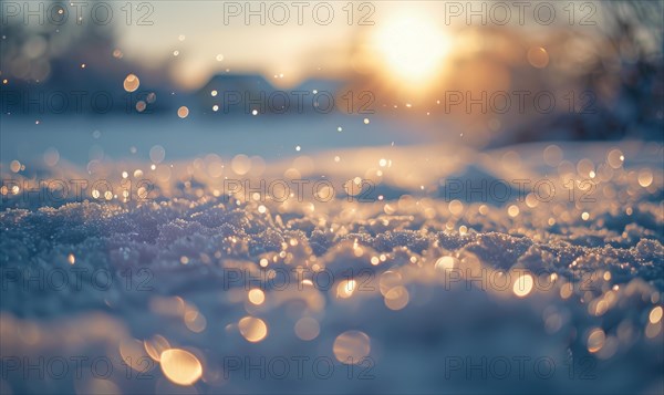 Bokeh lights sparkling against a snowy landscape, closeup view AI generated