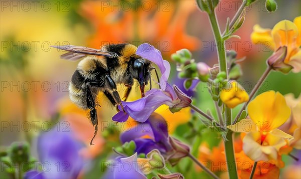 Bumblebee collecting pollen from flowers, closeup view, selective focus AI generated