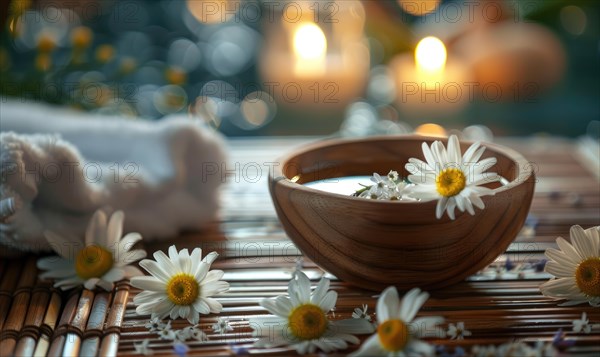 Chamomile essential oil in a spa setting, closeup view, skin care cosmetic background AI generated