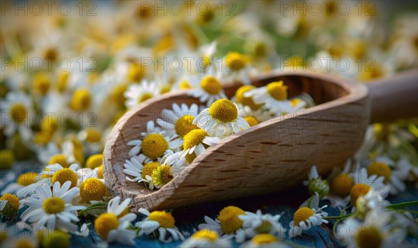 Chamomile tea leaves in a wooden scoop AI generated