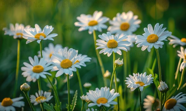 Daisies blooming in a garden, spring background AI generated