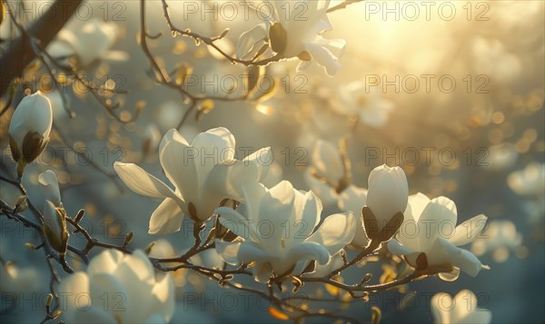 Magnolia blossoms illuminated by soft sunlight filtering through the trees AI generated