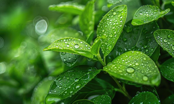 Raindrops on fresh green leaves, close up view of spring green leaves, nature background AI generated