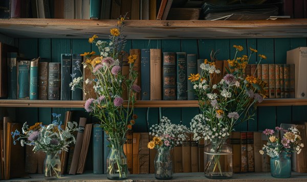 Vintage bookshelf adorned with vases of freshly picked wildflowers AI generated