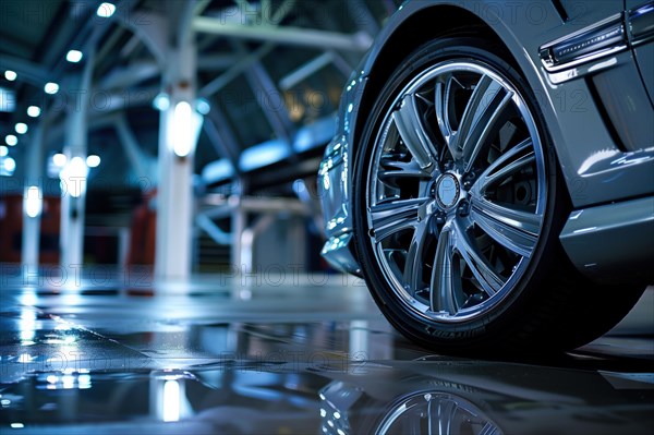 Close-up of a modern car wheel with alloy rim in a showroom with blue lighting, AI generated