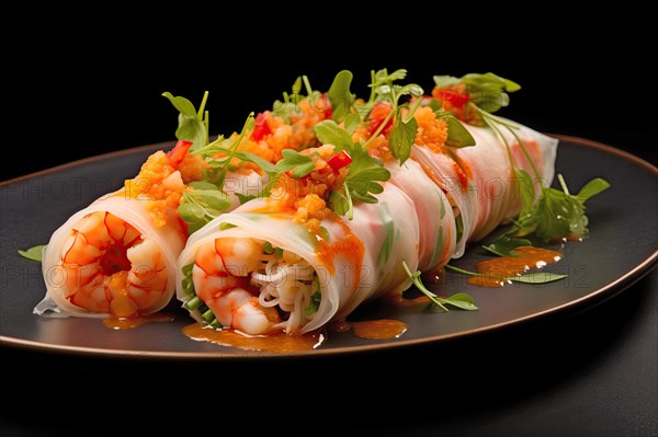 Delicious Fresh Spring Rolls Goi Cuon on Dark Plate, AI generated