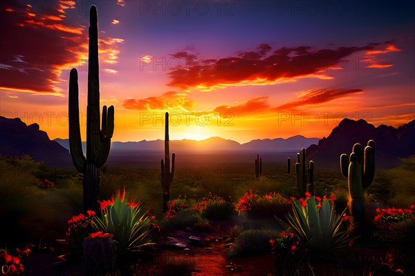 Saguaro cacti against the backdrop of a colorful sunrise sky, AI generated