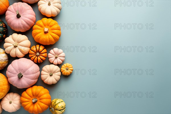 Top view of colorful pumpkins on pastel blue background with copy space. KI generiert, generiert, AI generated