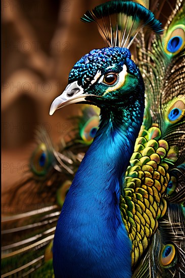 Peacock with the full display of magnificent plumage usp in each feather in the Thar desert, AI generated