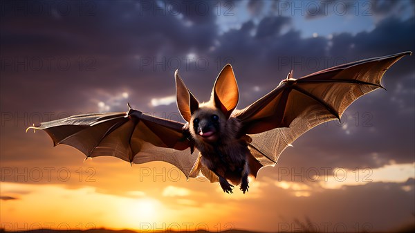 Pallid bat mid flight illuminated by twilight in the intricate saguaro desert, AI generated