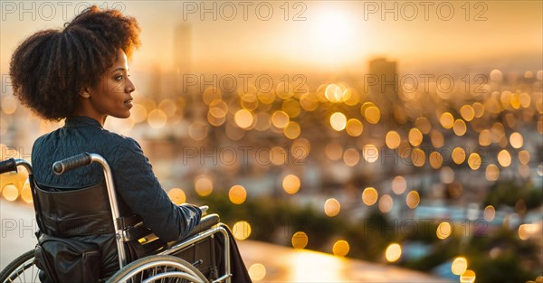 Contemplative woman in a wheelchair against an urban backdrop with city lights at dusk, AI generated