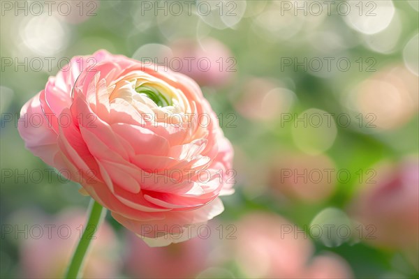 Single light pink Ranunculus flower on blurry background. KI generiert, generiert, AI generated