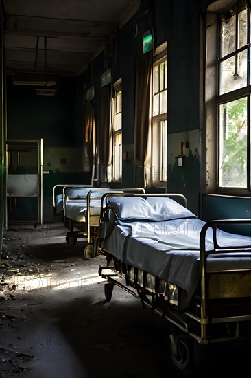 Rows of empty rusting hospital beds suspended in the melancholy, AI generated, hospital, damage, abandoned, ruin, decrepit