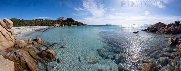 Rock formations, lonely bay, panoramic shot, Capriccioli beach, Costa Smeralda, Sardinia, Italy, Europe