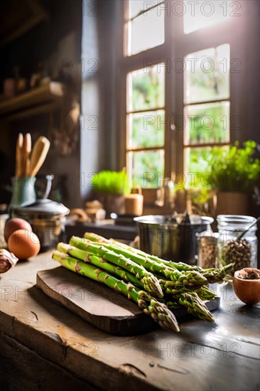 Green asparagus in a rustic farmhouse kitchen, AI generated, AI generated