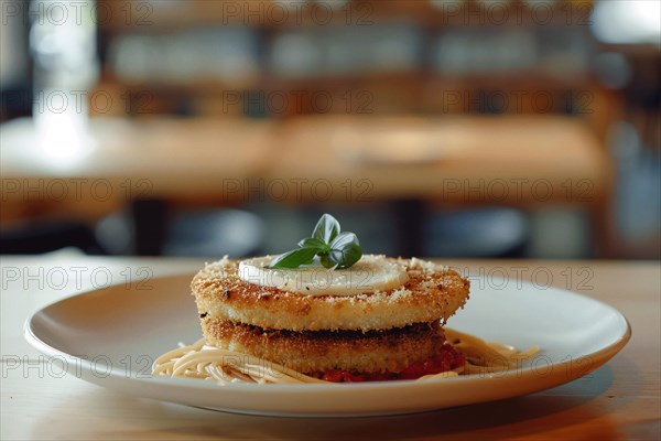 Breaded cutlet on top of pasta with herbs, served on a plate in a restaurant, AI generated