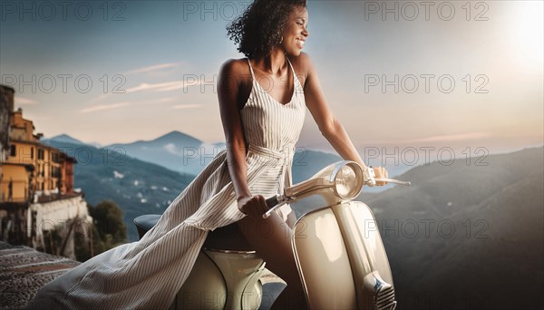 A joyful woman sits on a classic italian vintage scooter basking in a sunset overlooking an Italian village, blurry moody landscaped background with bokeh effect, AI generated