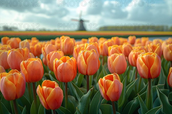 Vibrant orange tulips fill the field with a traditional Dutch windmill and moody skies above, AI generated