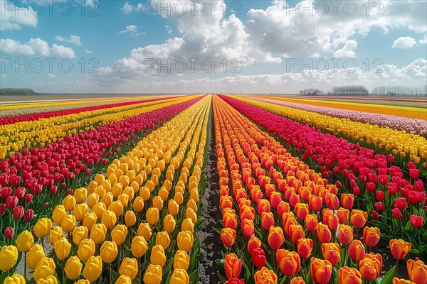 Vibrant stripes of tulips create a stunning visual under a blue sky with fluffy clouds, AI generated