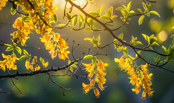 Laburnum branches reaching towards the sunlight AI generated