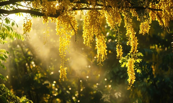 Laburnum branches reaching towards the sunlight AI generated