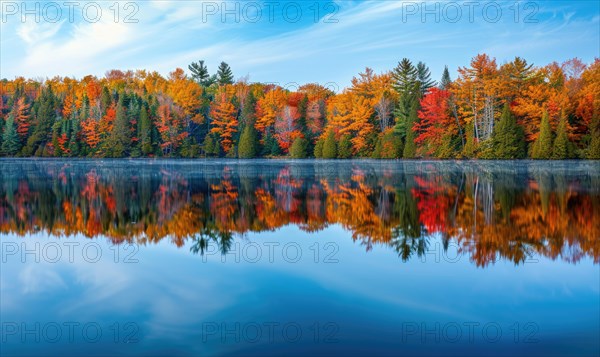 The vibrant colors of autumn reflected in the crystal-clear waters of the lake AI generated