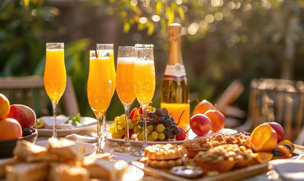 A brunch table adorned with vibrant cocktails and fresh fruit AI generated