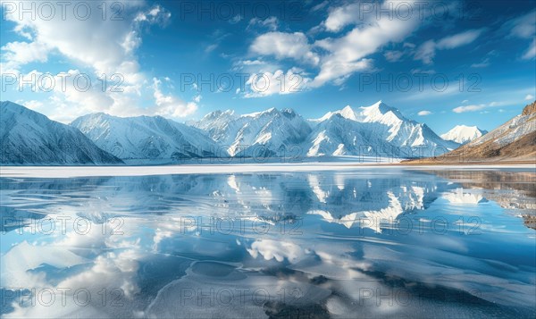 A distant view of snow-capped mountains reflected in the frozen surface of a lake AI generated