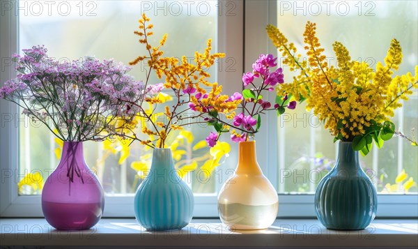 A group of vases with wildflowers displayed on a windowsill AI generated