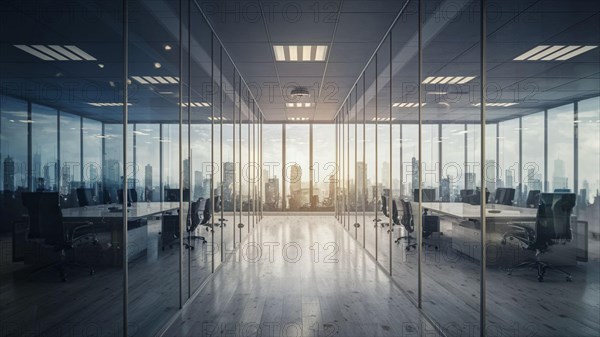 Modern office with glass walls, sunset light casting reflections, and view of skyscrapers, horizontal, AI generated