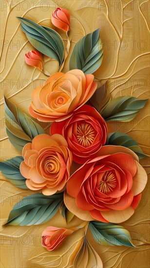 An elegant paper crafting of orange and yellow flowers with green leaves on textured paper, ai generated, AI generated